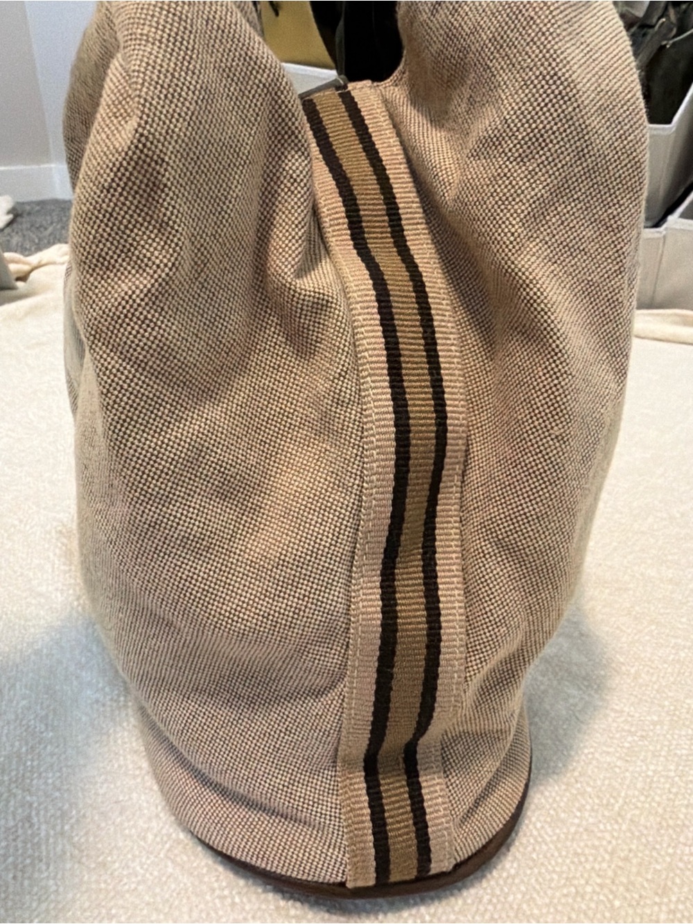 Estee Lauder Beige Canvas Shoulder Bag with Brown Stripe